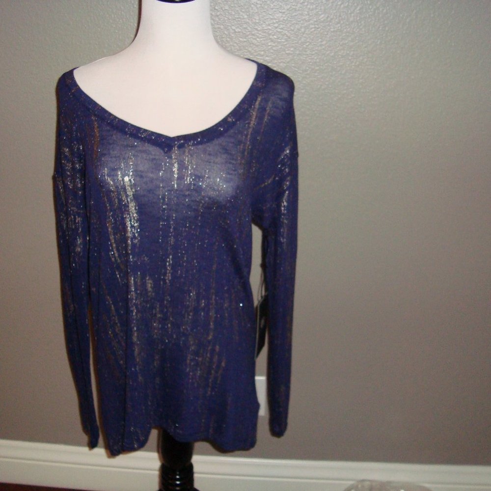 Rock & Republic Metallic Streaked Stretch V-Neck Top Long Sleeve Blue/Hemat sz L